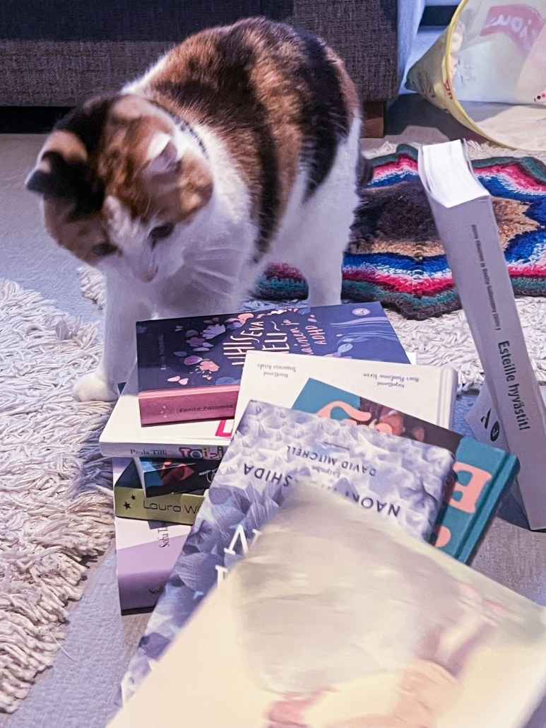 Kissa ihmettelee kaatunutta kirjapinoa Kissa kaatoi kirjapinon ja ihmettelee sekaisin olevia kirjoja